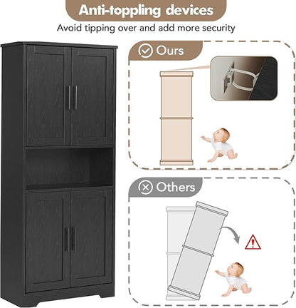 IDEALHOUSE Kitchen Pantry Cabinet, 70in Tall Storage Cabinet with Doors and Adjustable Shelves, Freestanding Cupboard for Living Room, Dining Room, Bathroom (Black)