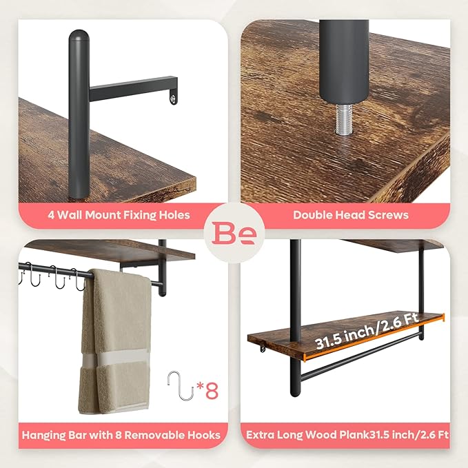 Bestier Pipe Shelf Industrial Floating Shelving 31" Kitchen Wall-Mounted Shelf with Towel Bar Hooks Coffee Bar Shelves Wine Hanging Display Rack Bookshelf Living Room Decor Bathroom-Rustic Brown
