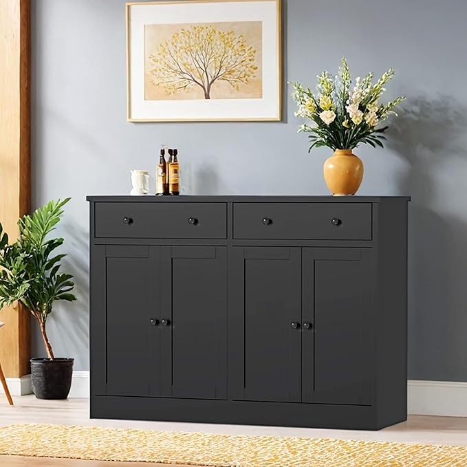 holzart 49" Black Buffet Cabinet with Doors & Drawers, Modern Kitchen Storage Sideboard, Coffee Bar Console Table for Dining Room, Living Room, Entryway