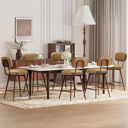 MALOL 26“ PU Leather Swivel Bar Stools Set of 6, Mid Century Counter Height Bar Chairs with Low Back and Metal Legs, Modern Bar Stool Chair for Kitchen Island, Brown