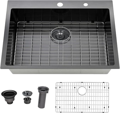 Friho 33x22 Inch Drop in Kitchen Sink Black,16 Gauge Handmade Gunmetal Black Stainless Steel Sink, Topmount Large Single Bowl Basin with Basket Strainer and Dish Grid