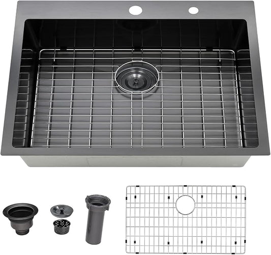 Friho 33x22 Inch Drop in Kitchen Sink Black,16 Gauge Handmade Gunmetal Black Stainless Steel Sink, Topmount Large Single Bowl Basin with Basket Strainer and Dish Grid