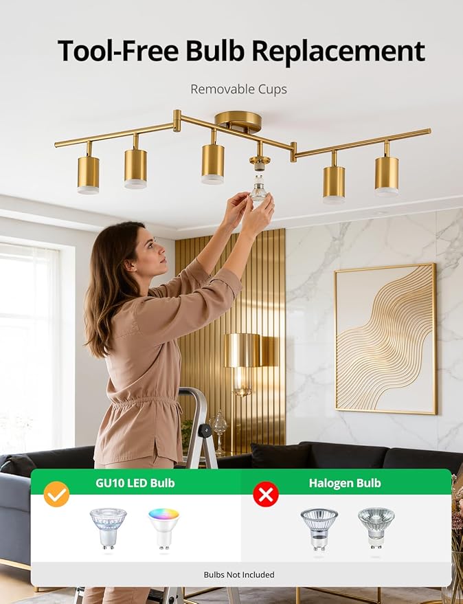 Bojim 6 Light Gold Track Lighting Kit, Modern LED Track Lighting Fixtures Ceiling, Flexibly Rotatable LED Light Head with Acrylic Ring, Kitchen Ceiling Spot Light(GU10 Socket, Bulbs Not Included)