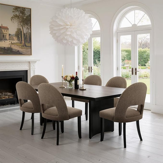 Upholstered Dining Chairs Set of 6, Mid Century Modern Kitchen Chairs with Solid Wood Legs & Linen Fabric Backrest for Dining Room, Brown