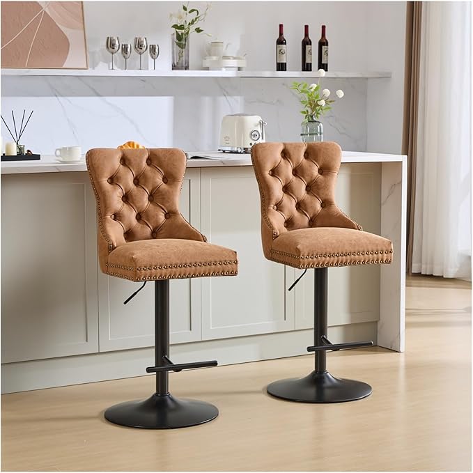Aged and Retro PU Swivel Barstools Adjusatble Seat Height from 26-33 Inch, Modern Bar Stools with Backs Comfortable Tufted for Home Pub and Kitchen Island,for Living Room