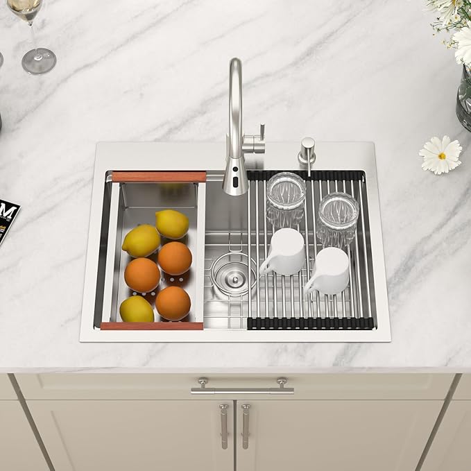Dcolora 25 In. Drop In Kitchen Sink With Faucet Topmount Wet Bar Sink Workstation Stainless Steel Small Kitchen Sinks Single Bowl 25"×20"×10"