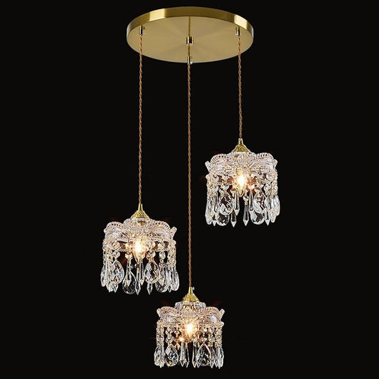 3-Light Brass Vintage Glass Pendant, Crystal Pendant Light, Adjustable Height Lighting for Kitchen Island, Dining Room, Farmhouse, Living Room (Round Chassis)