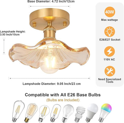 Shenmoyl Semi Flush Mount Light, Gold Hallway Vintage Fixture With Amber Water Lily Glass, Bulb Included, 4.72" Base Modern Ceiling Light for Porch Kitchen Bedroom