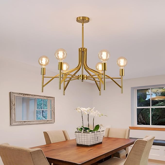 ASGYISA Modern Brass Gold Chandelier Light Fixture 6 Light Vintage Dining Room Light Fixture for Farmhouse Bedroom, Kitchen Foyer Entryway and Living Room