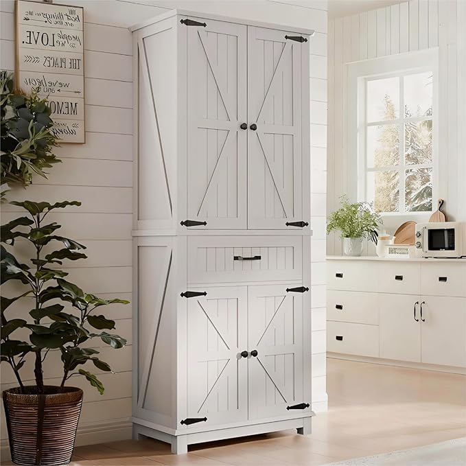 YITAHOME 72.6" H Farmhouse Kitchen Pantry Cabinet, Freestanding Tall Storage Cabinet with 4 Doors, Drawer and Adjustable Shelves, Tall Cupboard for Dining Room, Living Room, White Oak