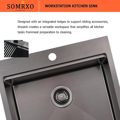 21x20 Black Bar Sink Drop In - 16 Gauge Black Stainless Steel Small Kitchen Sink, 10" Deep Single Bowl Workstation Sinks with Accessories for RV, Outdoor Kitchen & Wet Bar
