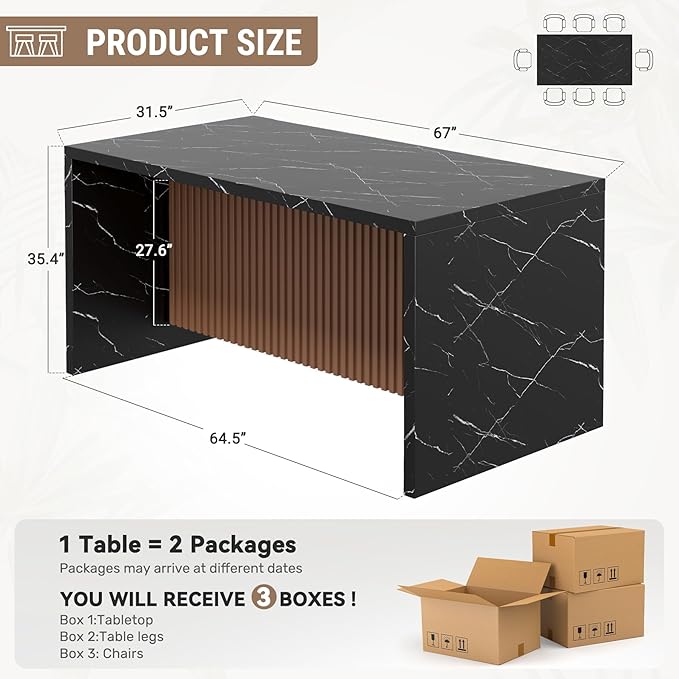 67" Large Modern Rectangle Dining Table for 4-6 People, Imitation Marble Island Table with LED Lights for Kitchen,Dining Room, Bar, Office, Living Room (Black)