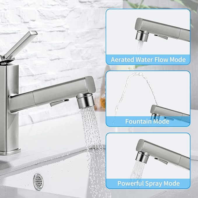 HANLIAN Single Hole Bathroom Pull Out Faucet with Rotating Spout, One Handle Faucet for Bathroom Sink, Modern Bathroom Faucet with Pull Down Sprayer, 3 Modes Vanity Faucets (Brushed Nickel, Regular)