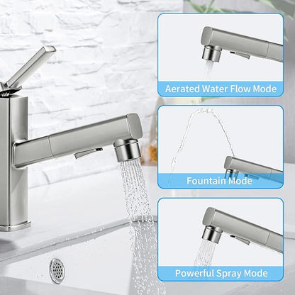 HANLIAN Single Hole Bathroom Pull Out Faucet with Rotating Spout, One Handle Faucet for Bathroom Sink, Modern Bathroom Faucet with Pull Down Sprayer, 3 Modes Vanity Faucets (Brushed Nickel, Regular)