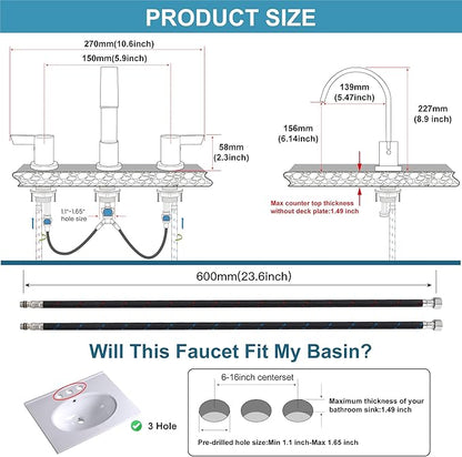 Midanya 8 inch Widespread Bathroom Sink Faucet,Modern Waterfall 3 Hole 2 Handles Bathroom Faucet 8" Vanity Faucets with Pop Up Drain and Water Supply Lines,Gold