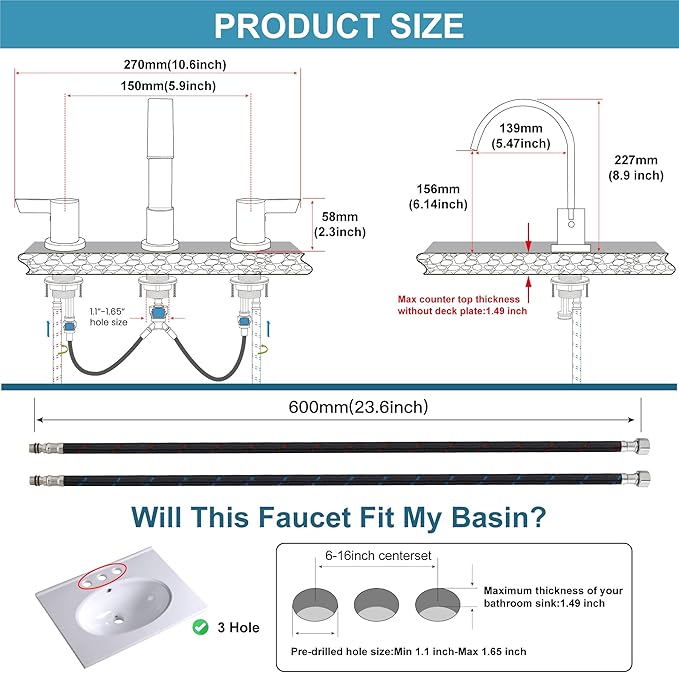 Midanya 8 inch Widespread Bathroom Sink Faucet,Modern Waterfall 3 Hole 2 Handles Bathroom Faucet 8" Vanity Faucets with Pop Up Drain and Water Supply Lines,Brushed Nickel