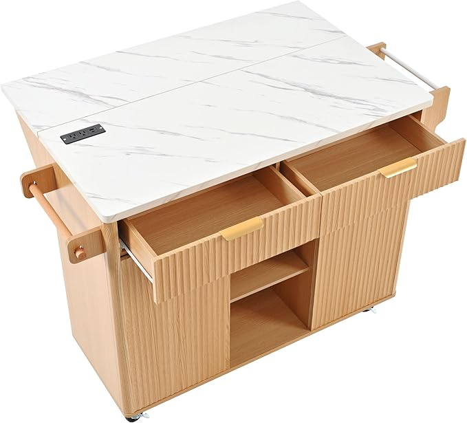 Modern Dining Table 52in Fluted Kitchen Island with Drop, Power Outlet, Cart with Shelves, 2 Doors 2 Drawers, Rolling Table for Kitchen Living Room,Natural-MDF