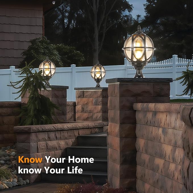Outdoor Post Light Fixture, E26 Base 60W Max Column Lights with Black Aluminum Housing Plus Amber Glass IP55 Waterproof Exterior Pillar Lantern for Driveway Yard Lawn Patio Garden