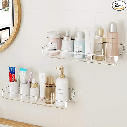 UDD Acrylic Clear Shower Caddy Adhesive Shelf, 2pc Plastic Shower Organizer with Self Adhesive Tape, No Drilling Wall Mount Shower Shelves for Bathroom Kitchen, Transparent