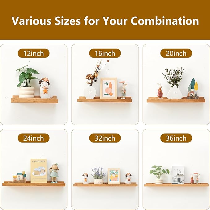 Oak Floating Shelves for Wall 24 Inch (Width 4"), Natural Wood Wall Shelves Display Picture Ledge Shelf for Living Room Bedroom Bathroom Kitchen Office Decor and Storage