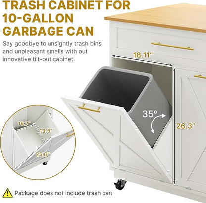 DWVO Kitchen Island with Power Outlet, 40 inch Rolling Island Table with Trash Can Cabinet fits Double 10-Gallon Bin, Square Mobile Storage Islands with Tilt Out Garbage Bin Cabinet, White Oak