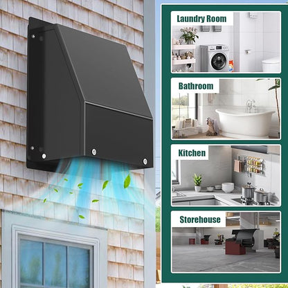 10 Inch Hooded Wall Vent Cover with Screen and Damper, Galvanized Steel Outdoor Wall Exhaust Vent Cover Cap Black for Dryer Bathroom Fan Range Hood HVAC Duct Ventilation (Includes Tape & Clamps)