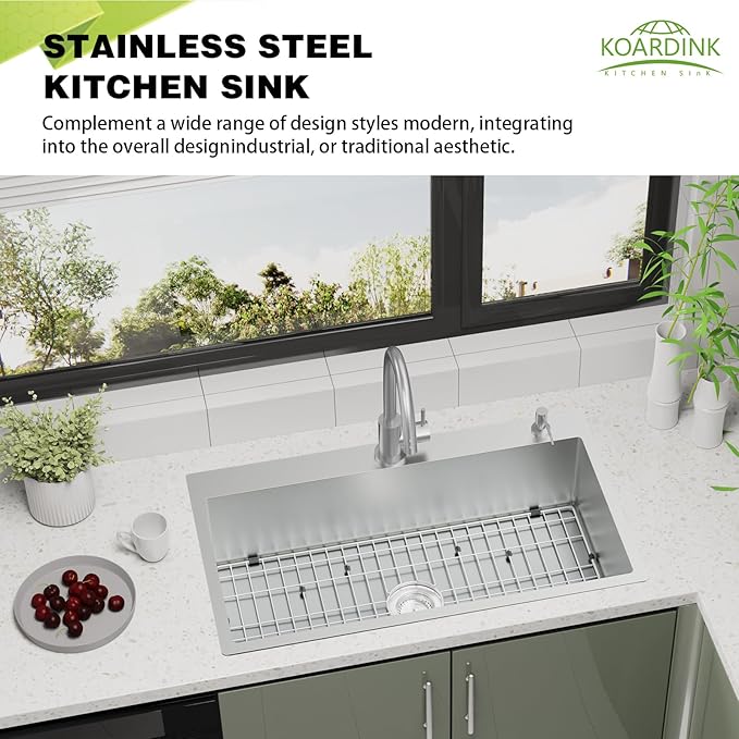 Kitchen Sink, 33x19 Inch Stainless Steel Drop In Modern Large Single Bowl Topmount Kitchen Sink Gift Combo-SS Grid,Silicon Mat, Drain Strainer Set Compatibility With Various Kitchen&Bar Style