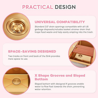 Rhbamoa 33 Inch Gold Farmhouse Sink,16 Gauge T304 Gold Single Bowl Apron Front Kitchen Farm Sink,10 Inch Depth Topmount Farmhouse Kitchen Sinks with All Golden Accessories