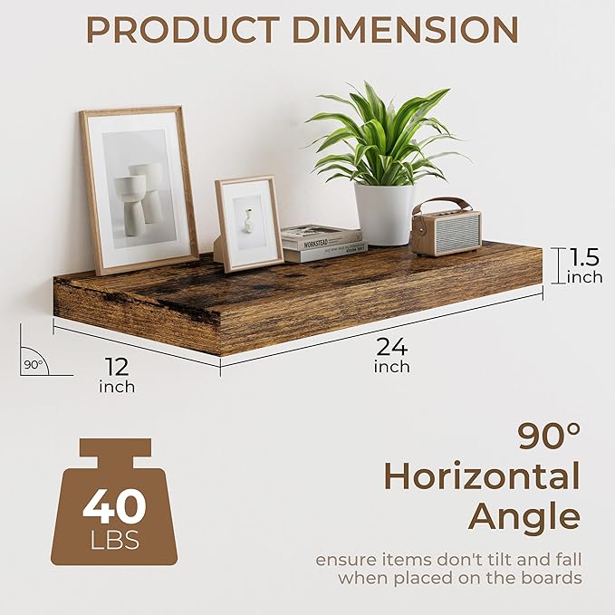RICHFOCUS Deep Floating Shelves for Wall 2 Pack 12" D 24 Inch Wall Shelves for Room Wall|Wood Hanging Shelf with Invisible Brackets for Bathroom Bedroom Kitchen Laundry Room, Rustic Brown