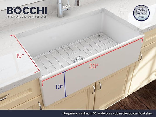 BOCCHI Contempo Farmhouse Apron Front Fireclay 33 in. Single Bowl Kitchen Sink with Protective Bottom Grid and Strainer in White