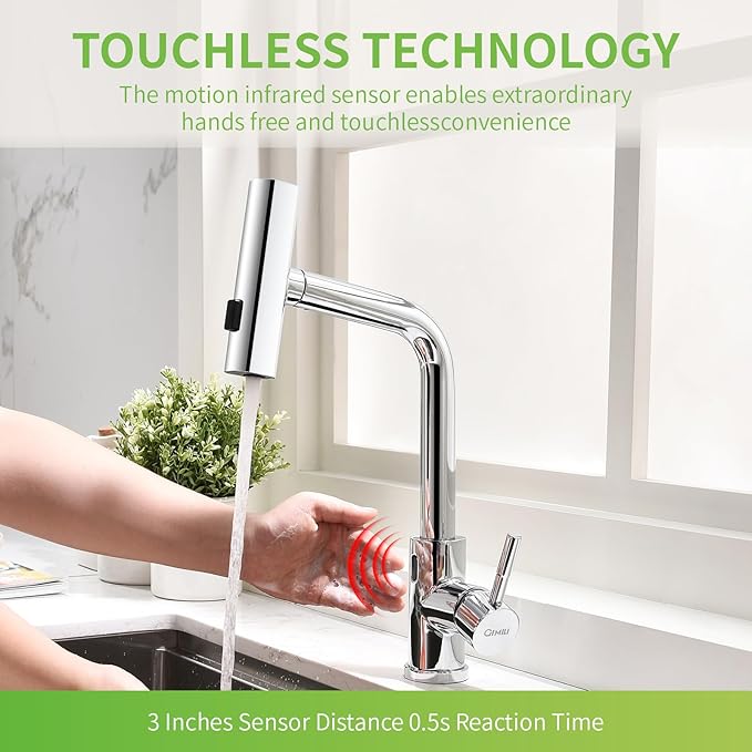 GIMILI Chrome Touchless Kitchen Faucet with Pull Down Sprayer, 15” Hight Single Hole Handle Kitchen Sink Faucets