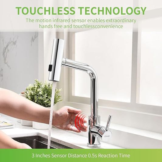 GIMILI Chrome Touchless Kitchen Faucet with Pull Down Sprayer, 15” Hight Single Hole Handle Kitchen Sink Faucets