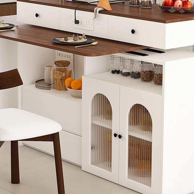Kitchen Island Set with 2 Solid Wood Chairs, Extendable Rotating Table,with Walnut Veneer Retro Design, 4 Drawers Glass Door Cabinets, Expandable Dining Station for 2 4 Person
