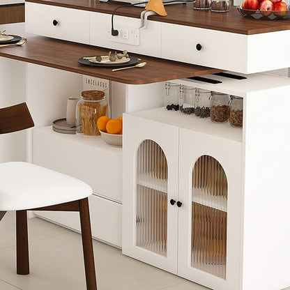 Kitchen Island Set with 2 Solid Wood Chairs, Extendable Rotating Table,with Walnut Veneer Retro Design, 4 Drawers Glass Door Cabinets, Expandable Dining Station for 2 4 Person