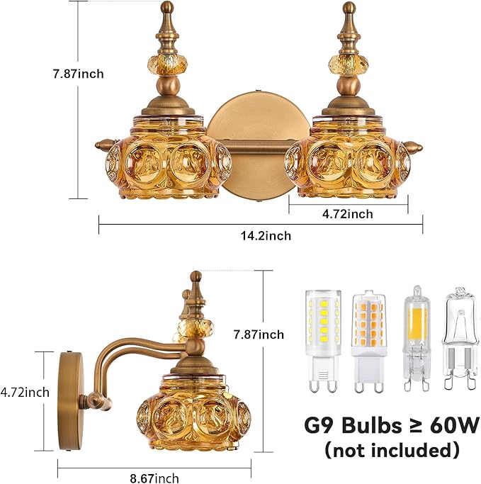 Vintage 2-Light Bathroom Lighting Amber Rose Vanity Light Fixtures Wall Sconce with Crystal Glass Shade Rust-Proof and Durable for Bedroom Living Room Hallway