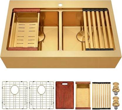 LQS Double Bowl Kitchen Sink, Undermount/Drop In Kitchen Sink, Double Bowl Stainless Steel Kitchen Sinks, 16 Gauge Stainless Steel Handmade Sinks (Gold, 36" x 22" x 10")