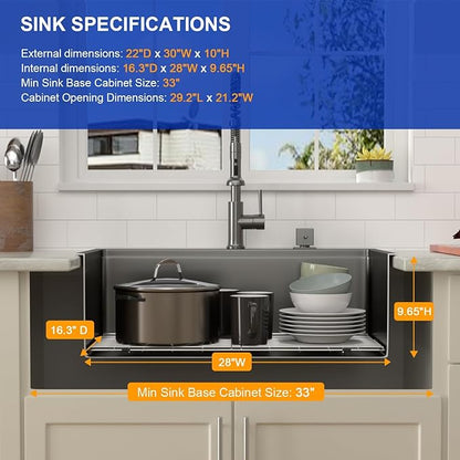 Dcolora 30 Inch Black Kitchen Sink Drop In, Nano-PVD Black Stainless Steel Workstation Sink Single Bowl Topmount with Accessories All-In-One, #DC-T8863 30"x22"x10"