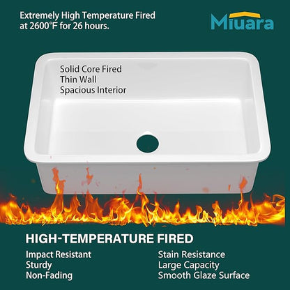 Miuara White Undermount Kitchen Sink 32 Inch - Large Topmount Fireclay Drop In Sink 32"x19"x10", Dual Mount Heavy Duty Deep Single Bowl, with 2 Custom Accessories, Glossy White, for Kitchen