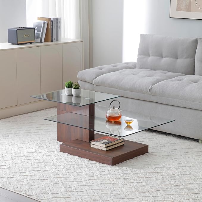 Glass Coffee Table with Storage, 44 Inch Rectangular Coffee Tables for Living Room, 3-Tier Tempered Glass Wooden Center Table Modern Accent Cocktail Table for Home Office (Walnut)