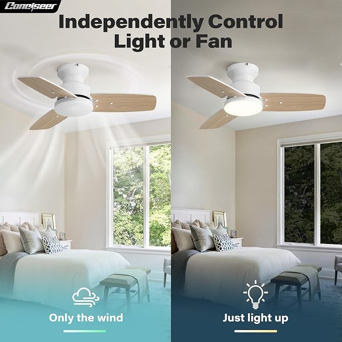 Conciseer 30 Inch Ceiling Fans with Lights and Remote, Bedroom Living Room Office, Flush Mount, 3CCT Dimmable, Dual Color 3 Blades, 6 Speed Reversible Quiet DC Motor, White/Wood Grain, 2 Pack