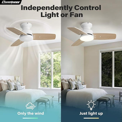 Conciseer 30 Inch Ceiling Fans with Lights and Remote, Bedroom Living Room Office, Flush Mount, 3CCT Dimmable, Dual Color 3 Blades, 6 Speed Reversible Quiet DC Motor, White/Wood Grain, 2 Pack