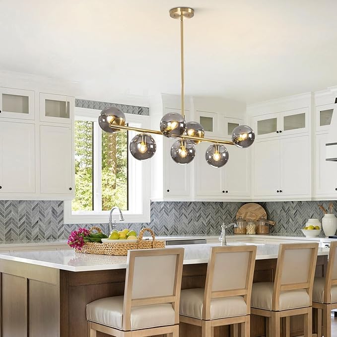 KCO Lighting Mid Century Modern Globe Sputnik Chandelier Gold Brass Linear Pendant Hanging Light Fixture 7-Light Smoke Glass Sphere Chandelier Kitchen Island Dining Room Chandelier