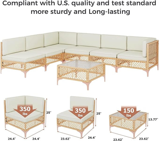 LYNSLIM Outdoor Patio Furniture Set, Wicker Outdoor Sectional Set, Boho Patio Conversation Sectional Sofa with Large Tempered Glass Coffee Table and Waterproof Cushion (7-Piece Thickened)
