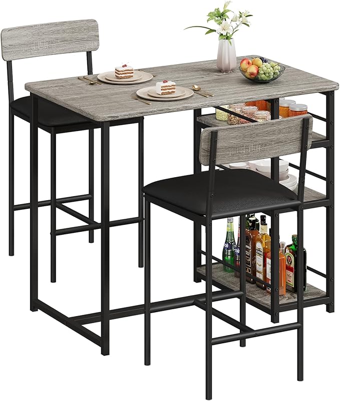 Takywep Dining Table Set for 2 with 3 Large Storage Shelves, Kitchen Table and Chairs for 2 with Pu Cushion Chairs & Thick Wood Top, 3 Piece Dining Table Set for Small Space, Apartment, Gray