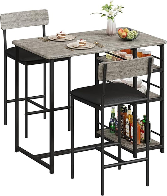 Takywep Dining Table Set for 2 with 3 Large Storage Shelves, Kitchen Table and Chairs for 2 with Pu Cushion Chairs & Thick Wood Top, 3 Piece Dining Table Set for Small Space, Apartment, Gray