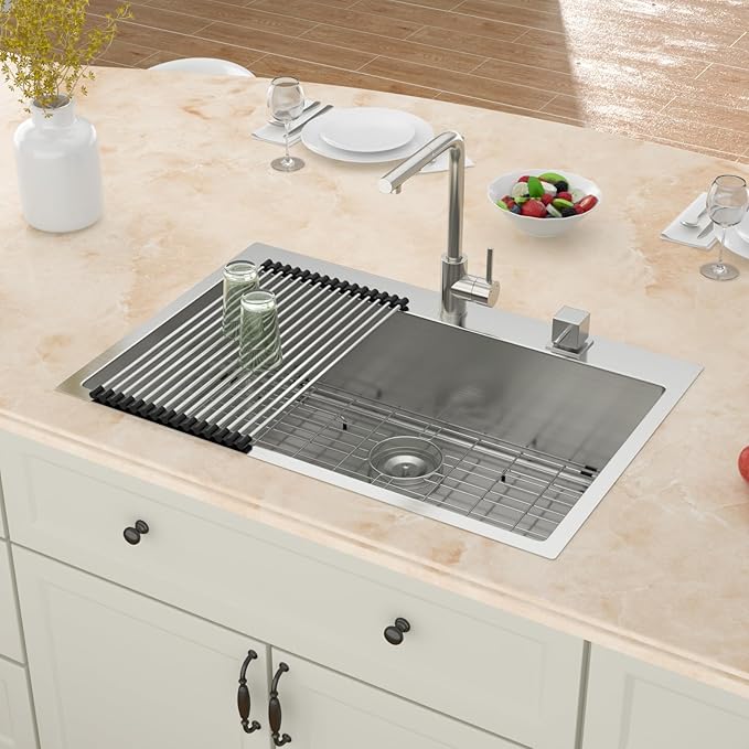 33 Drop in Kitchen Sink - Meryaio 304 Stainless Steel Topmount 16 Gauge 33x22 Single Bowl Sinks for Kitchen, Handmade Above Counter Large Kitchen Sinks Basin with Drain Accessories, 33''x22''x9''