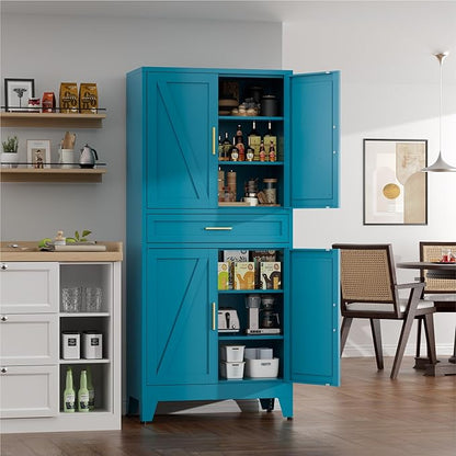 71" Tall Farmhouse Pantry Cabinet,Metal Cabinet with Adjustable Shelves and Doors,Storage Cabinet for Kitchen Garage,Blue 1 Pack