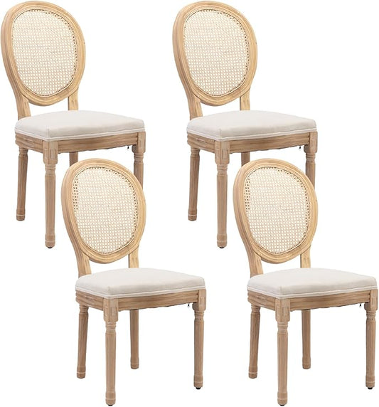 Linen Wooden Dining Chair Set of 4, Upholstered Farmhouse Dining Chair with Solid Wood Frame, Kitchen & Dining Room Chairs for Living Room, Restaurant, Bedroom (Beige-Rattan, Set of 4)