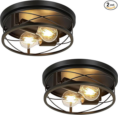Farmhouse Lights,Black Industrial 2 Pack Round Metal Flush Mount Hallway & Bedroom Ceiling Lamp, Kitchen Round Lights (Bulbs Not Included)