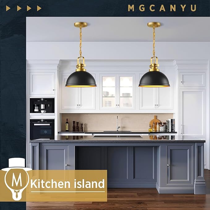 2-Pack Black Gold Pendant Lighting, Farmhouse Metal Pendant Lights Modern Matte Black Dome Industrial Light Fixture for Kitchen Island Restaurant Dining Room Hallway Entrance